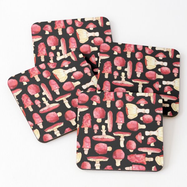 Item preview, Colorful red mashrooms watercolor pattern on black designed and sold by AnjeseAnna.
