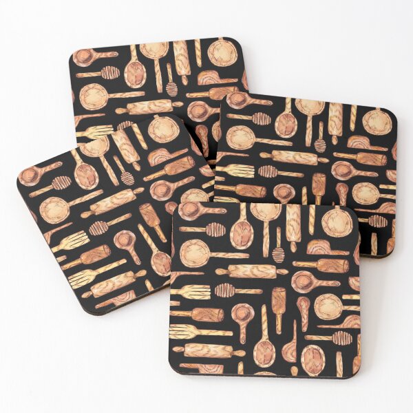Item preview, Wooden kitchen utensils watercolor pattern on black designed and sold by AnjeseAnna.