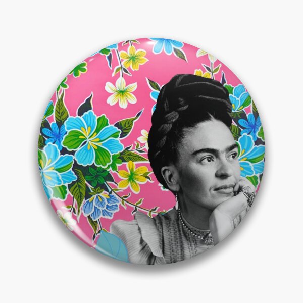 Item preview,  Frida Kahlo flowers, black and white photo, on pink Mexican tablecloth designed and sold by Adriana C (All about Frida).