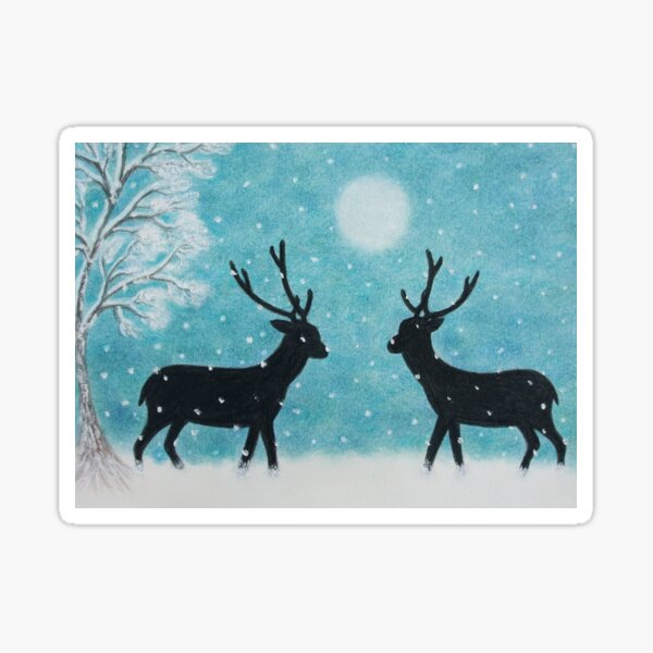 Christmas Deer in Snow: Reindeer Silhouette with Moon Tree and Snow Sticker