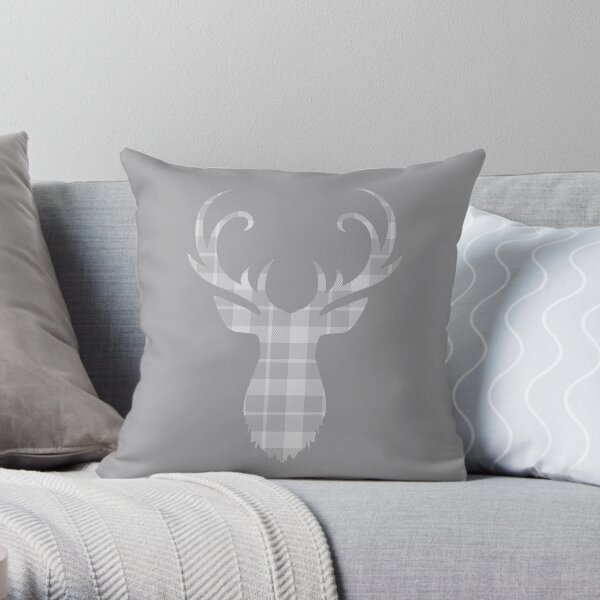 Grey Tartan Stag Head Throw Pillow