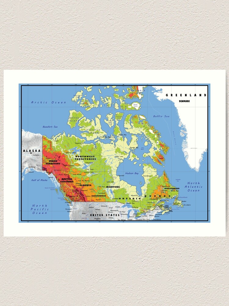 "physical map of CANADA, topographic map of CANADA with names for the ...