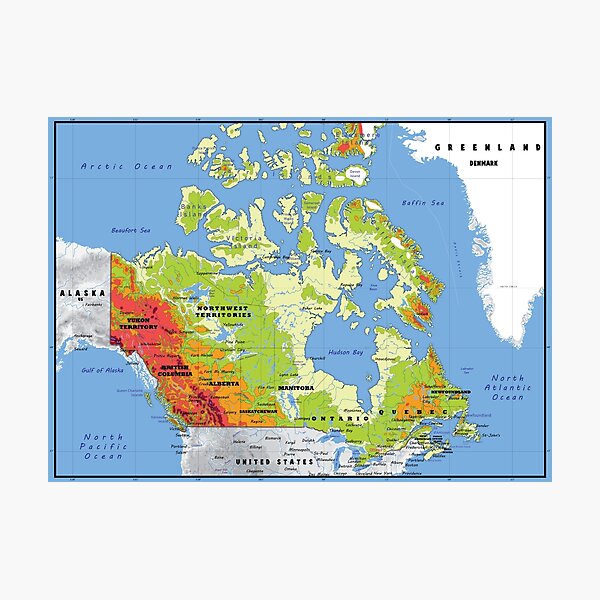 "physical map of CANADA, topographic map of CANADA with names for the