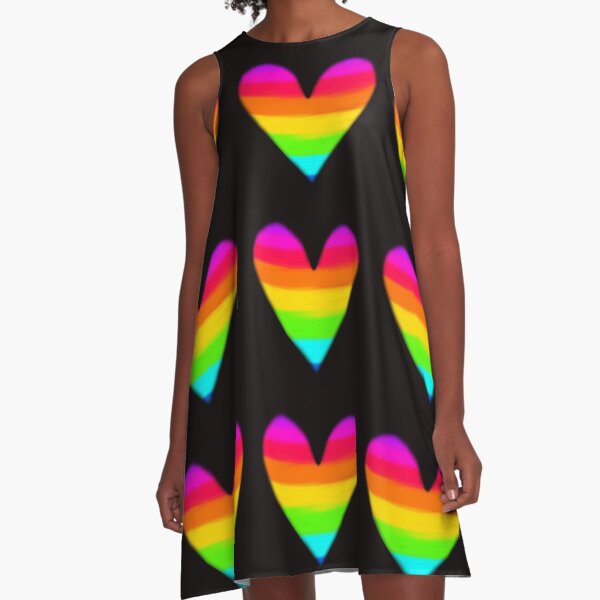 Rainbow heart/s on black A-Line Dress