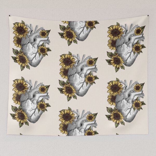 Item preview, Human heart illustration, sunflowers, vintage effect designed and sold by Collagedream.