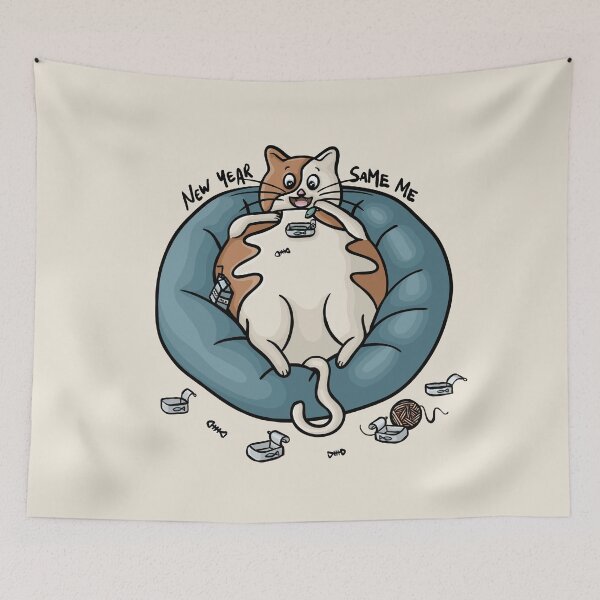 Item preview, New Year Same Me Chubby Kitty Eating Fish Funny Digital Illustration designed and sold by AlmightyClaire.