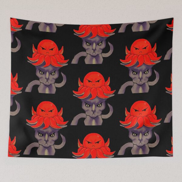 Item preview, gato gris con pulpo rojo mal humor fondo negro designed and sold by ZeroXIII.
