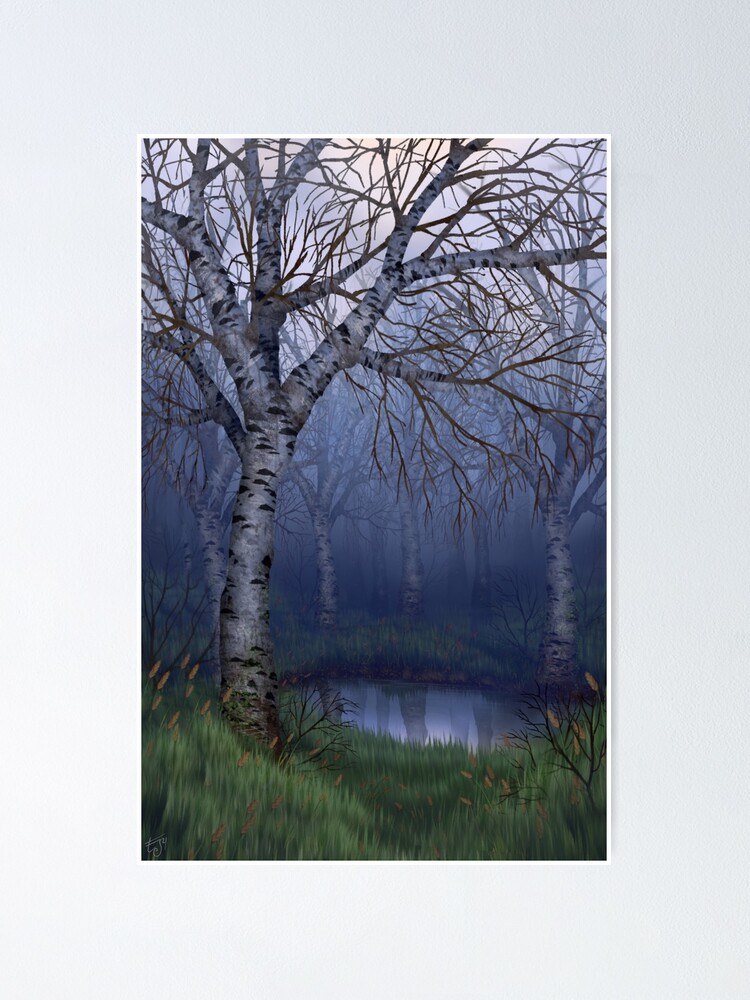 Designart Big Trees in Dark Foggy Forest - Landscape Photography