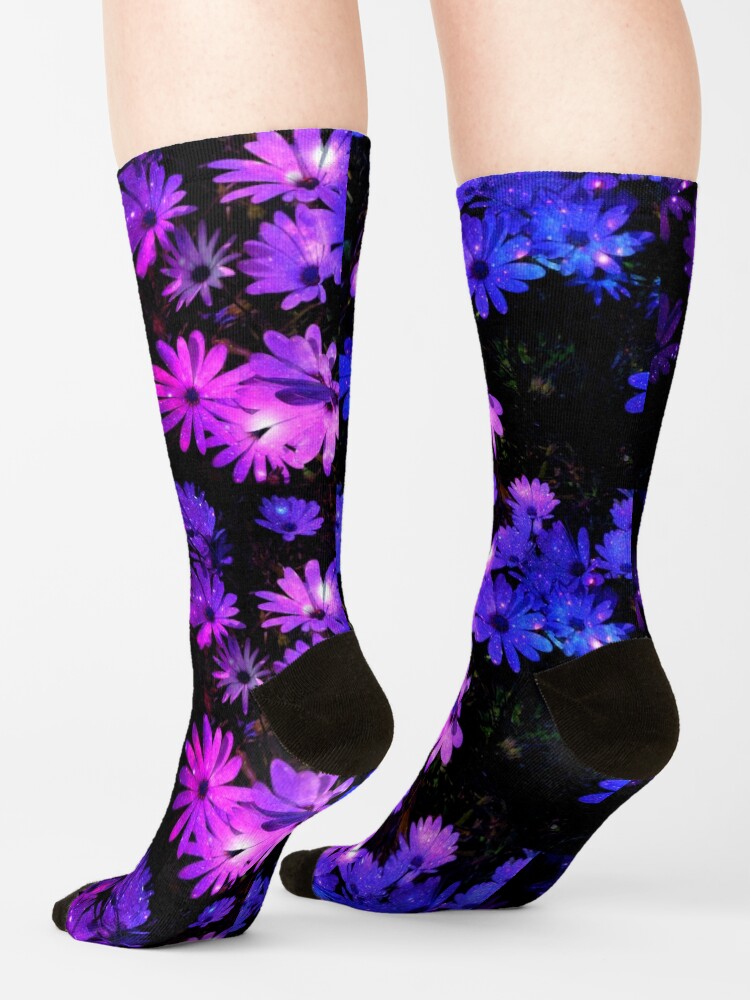Thumbnail 4 of 5, Socks, Sparkly Pink & Purple Daisies Black Background designed and sold by InmaVassar.