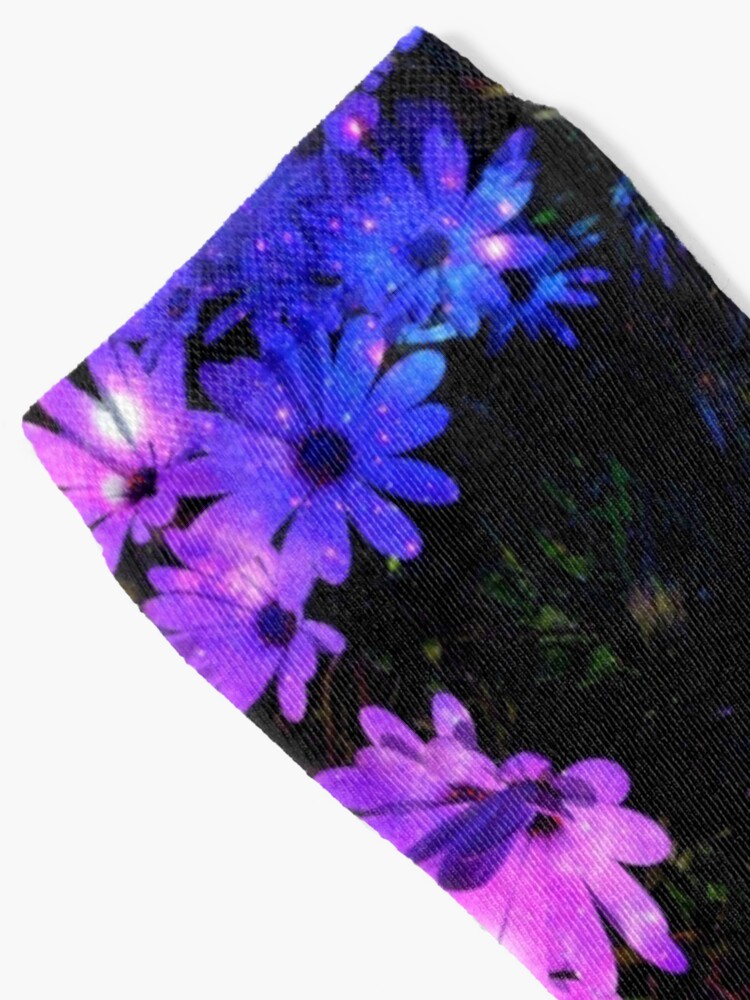 Thumbnail 2 of 5, Socks, Sparkly Pink & Purple Daisies Black Background designed and sold by InmaVassar.