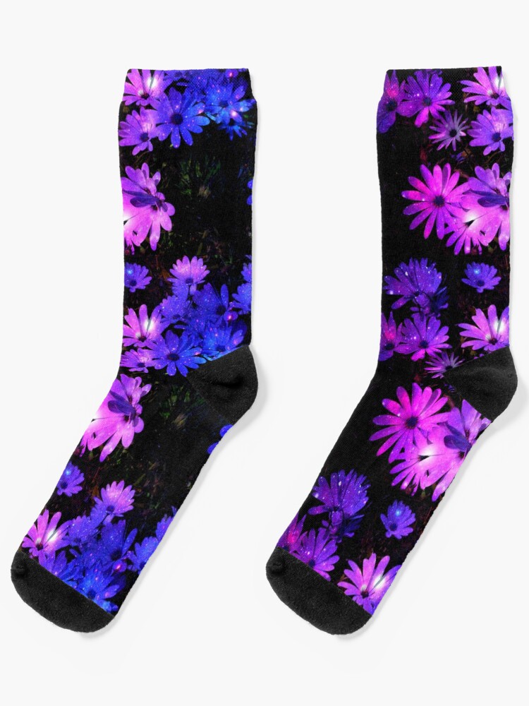 Thumbnail 1 of 5, Socks, Sparkly Pink & Purple Daisies Black Background designed and sold by InmaVassar.