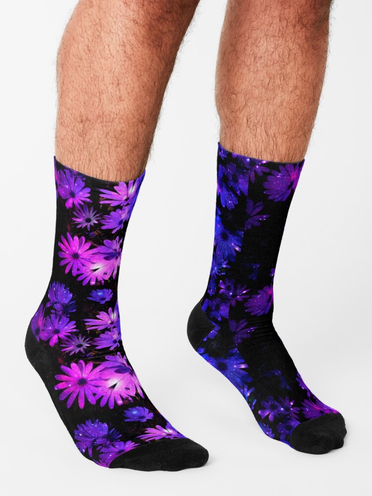 Thumbnail 3 of 5, Socks, Sparkly Pink & Purple Daisies Black Background designed and sold by InmaVassar.