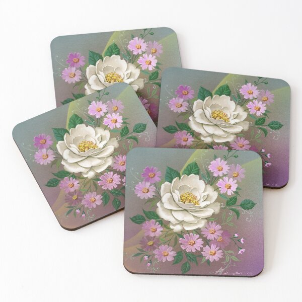 Artikelvorschau, Weiße Rose im Strauß mit lila Blüten entworfen und verkauft von Laura Greco.