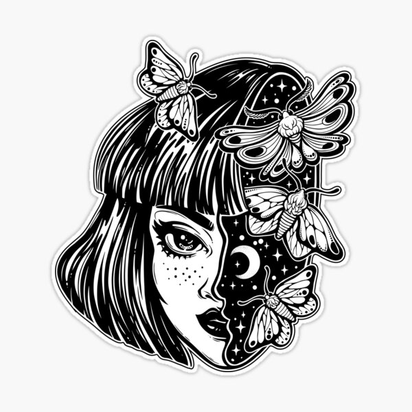 Gothic witch girl head portrait with curly hair and four eyes. Sticker  for Sale by KatjaGerasimova