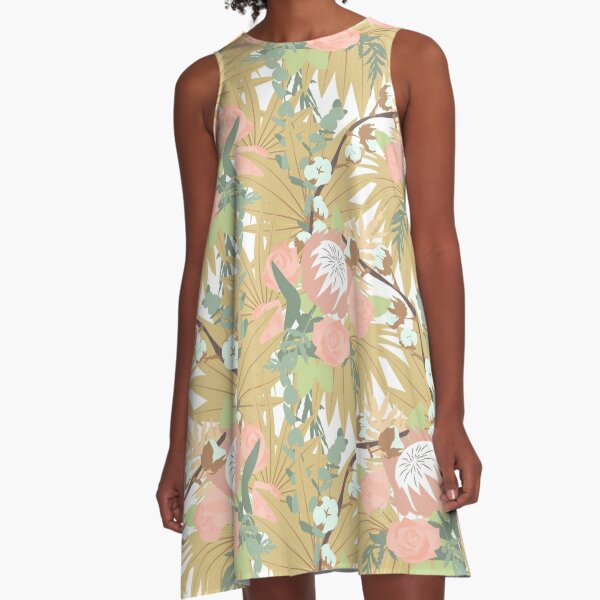 Breezy Boho Floral, Roses, Palms, Cotton A-Line Dress