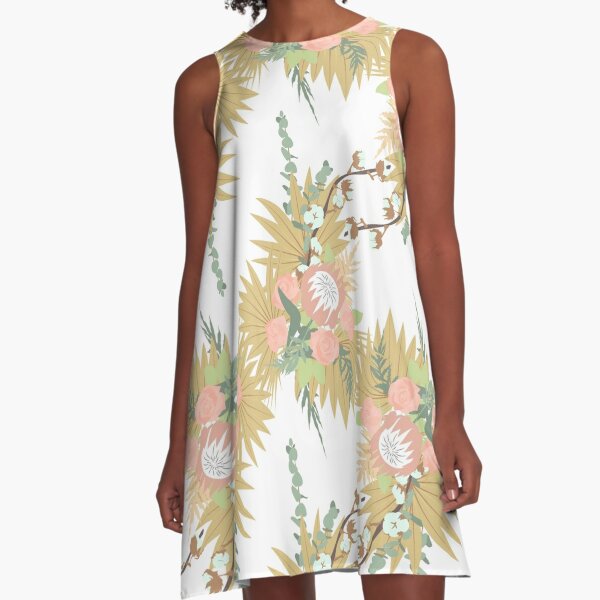 Breezy Boho Floral, Roses, Palms, Cotton - White A-Line Dress