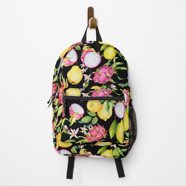 Item preview, Tropical fruits, dragonfruits and lemon flower. Watercolor pattern on black designed and sold by AnjeseAnna.