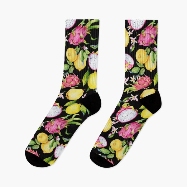 Item preview, Tropical fruits, dragonfruits and lemon flower. Watercolor pattern on black designed and sold by AnjeseAnna.