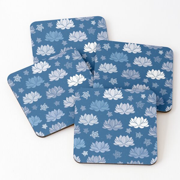 Item preview, Large pattern of lotus flowers and turtles on blue designed and sold by colorofmagic.