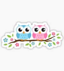 Cute blue and pink owl sitting on a branch sticker Sticker