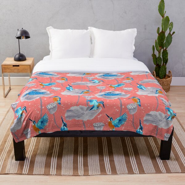 Item preview, Kingfishers on Lotus flowers // Coral designed and sold by Dottadesigns.