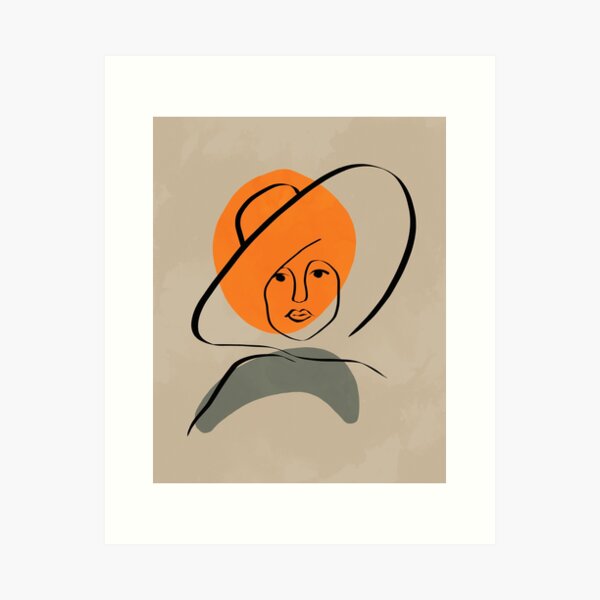 Female face with hat line art and organic shapes Art Print