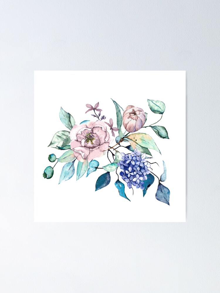 Póster «Ramo de flores de acuarela: flores de color azul lila, hojas  verdes» de Pavnud | Redbubble