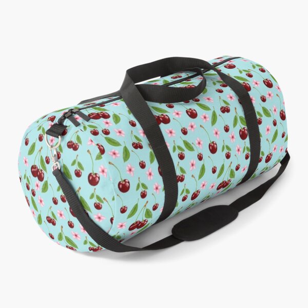 Item preview, Cherries and flowers seamless pattern with turquoise base designed and sold by PurrfectCorner.