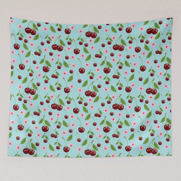 Item preview, Cherries and flowers seamless pattern with turquoise base designed and sold by PurrfectCorner.