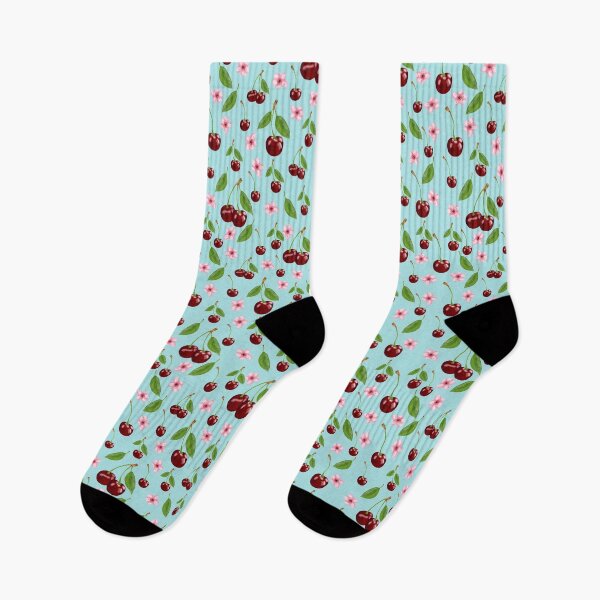 Item preview, Cherries and flowers seamless pattern with turquoise base designed and sold by PurrfectCorner.