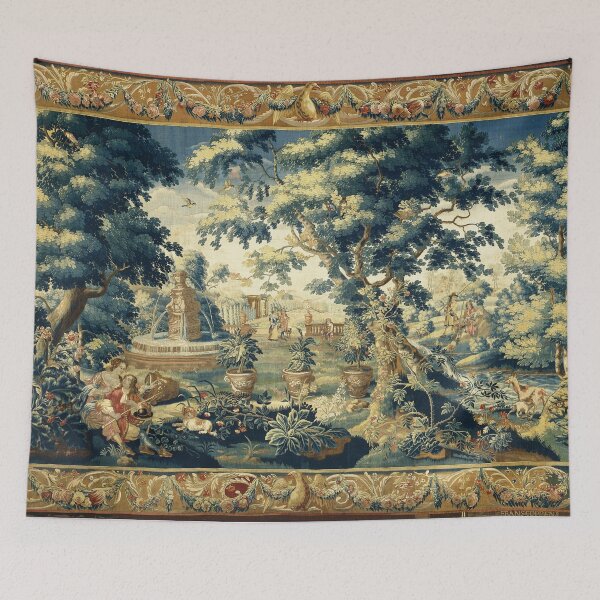 Item preview, PARK SCENE WITH TREES,SITTING COUPLE AND HUNTERS IN WOODLAND LANDSCAPE Antique Flemish Tapestry designed and sold by BulganLumini.