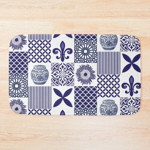 Item preview, Hamptons Navy Blue White Patchwork Tiles Pattern designed and sold by HotHibiscus.