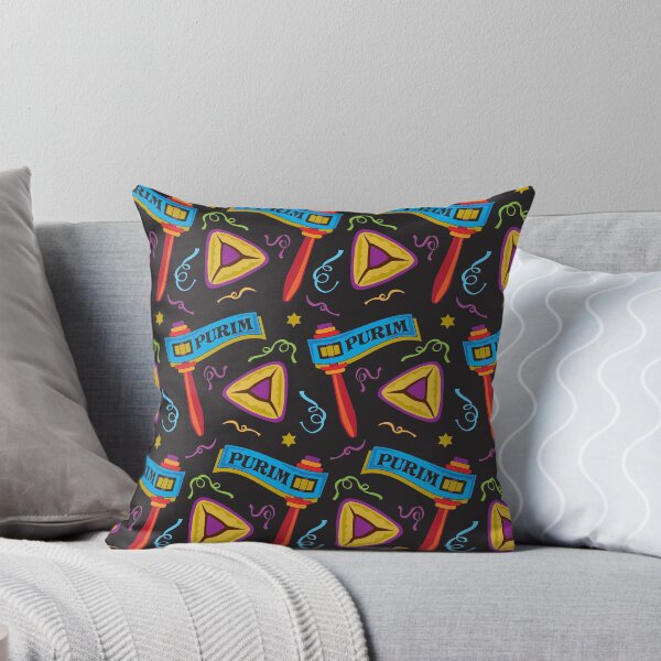 Item preview, Purim noisemakers and hamantashen print on black ground designed and sold by Boaz Kimelman.
