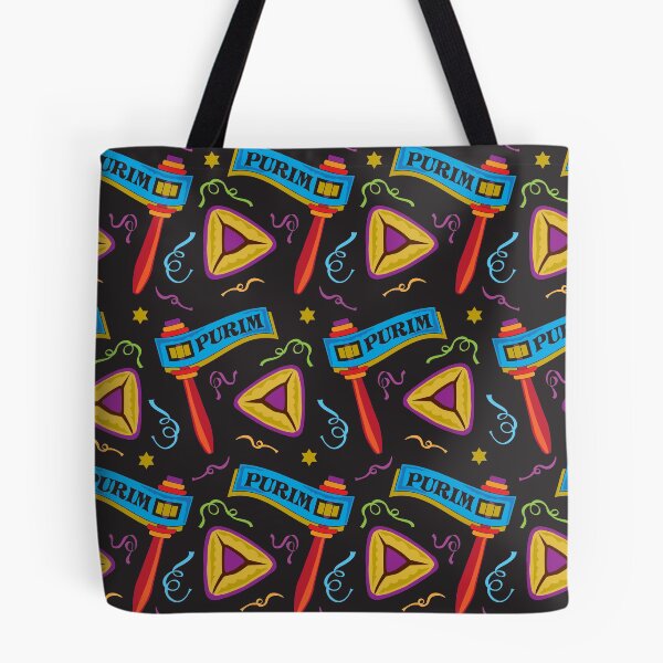 Item preview, Purim noisemakers and hamantashen print on black ground designed and sold by Boaz Kimelman.