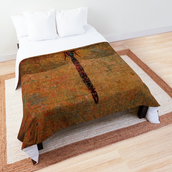 Dragonfly on Distressed Brown Stone Background. Comforter