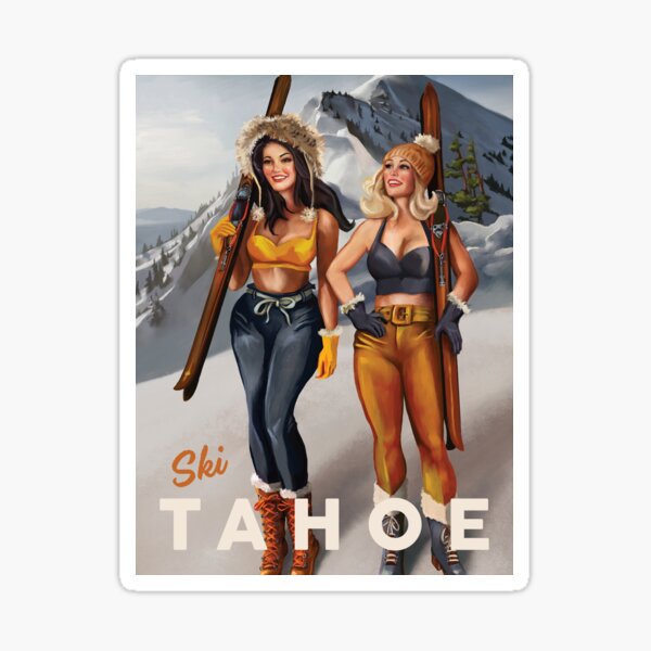 Artikel-Vorschau von „Ski Lake Tahoe, Kalifornien“ Niedliche Retro-Pinup-Girls beim Skifahren, designt und verkauft von The Whiskey Ginger Design Shop.