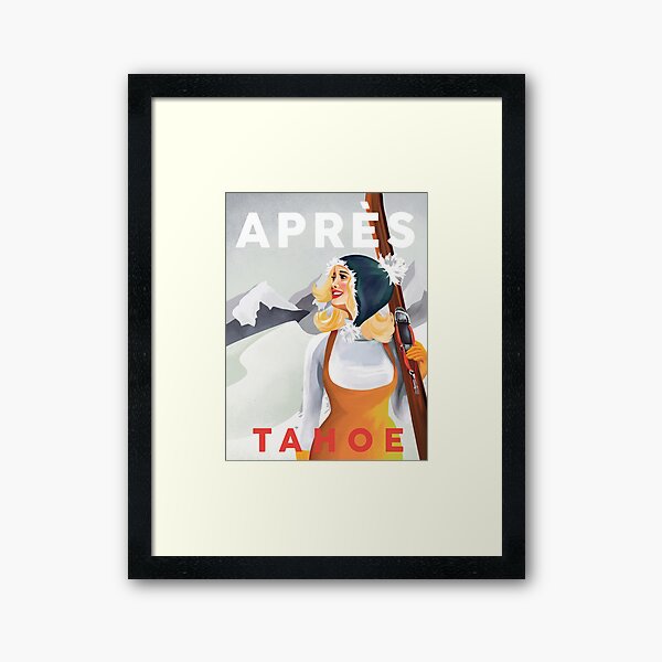 "Apres Ski Lake Tahoe, California" Cute Retro Pinup Girl Skiing Framed Art Print