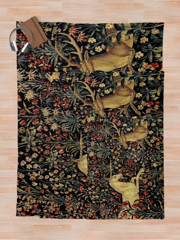 Alternate view of Medieval Unicorn Midnight Floral Tapestry Throw Blanket