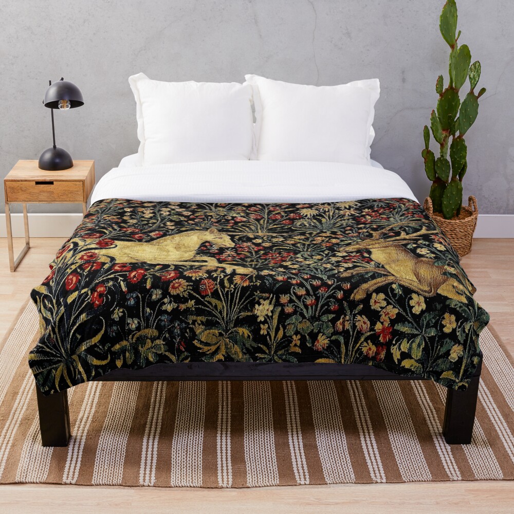 Medieval Unicorn Midnight Floral Tapestry Throw Blanket