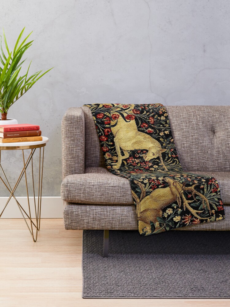 Alternate view of Medieval Unicorn Midnight Floral Tapestry Throw Blanket