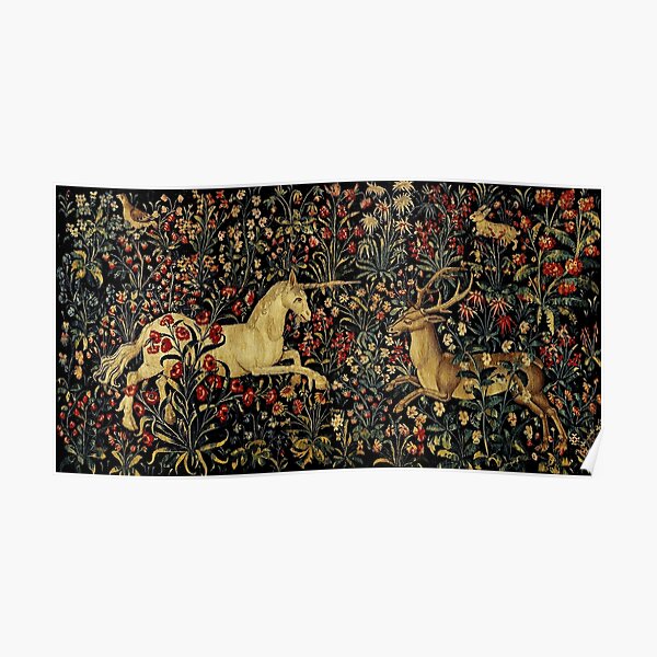 Medieval Unicorn Midnight Floral Tapestry Poster