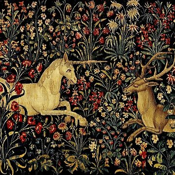 Artwork thumbnail, Medieval Unicorn Midnight Floral Tapestry by epitomegirl