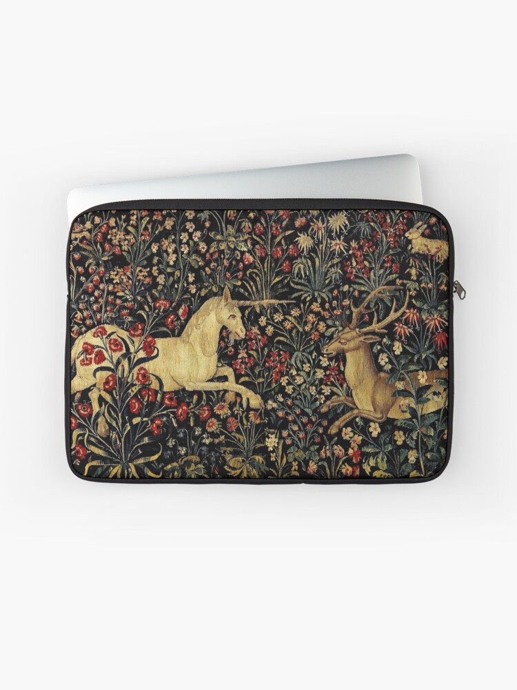 Thumbnail 1 of 2, Laptop Sleeve, Medieval Unicorn Midnight Floral Tapestry designed and sold by epitomegirl.