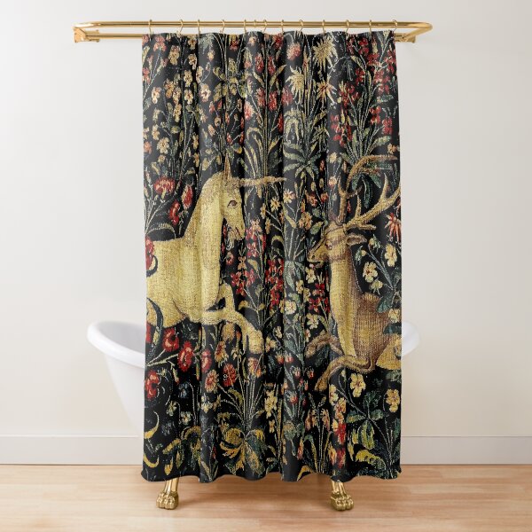 Medieval Unicorn Midnight Floral Tapestry Shower Curtain