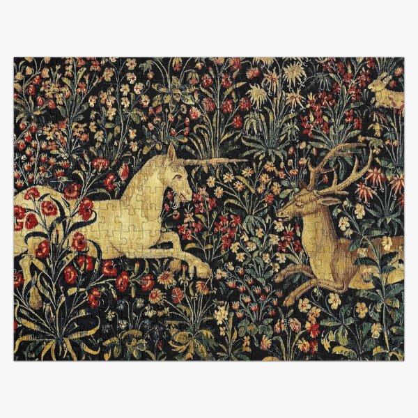 Medieval Unicorn Midnight Floral Tapestry Jigsaw Puzzle