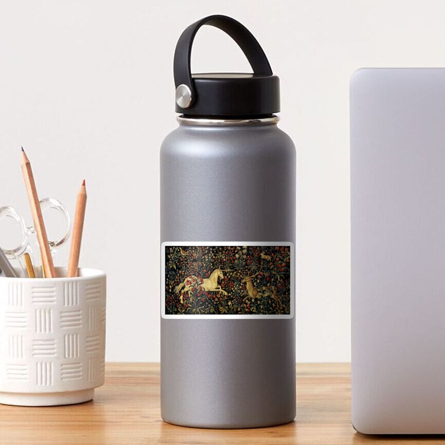 Medieval Unicorn Midnight Floral Tapestry Sticker