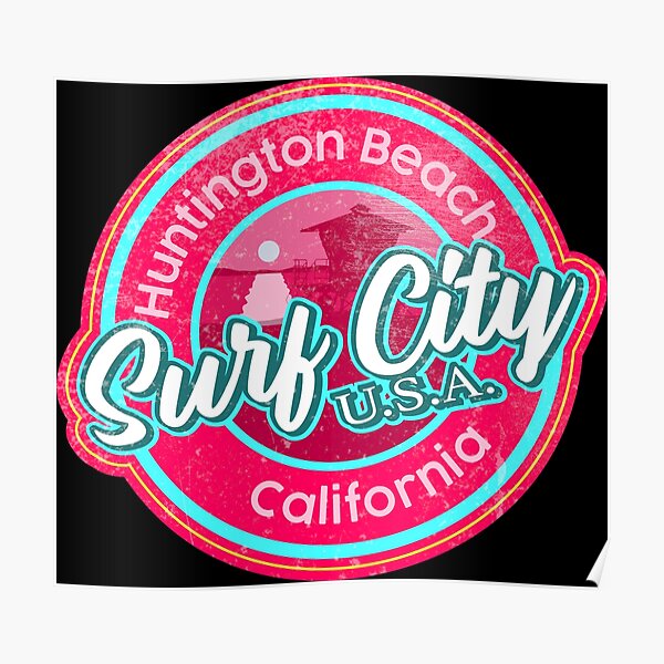 "Surf City Beach Colors Round worn, distressed, pink, cyan blue" Poster