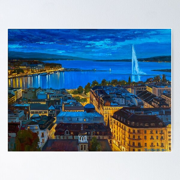 Vista previa del artículo con la obra «Ginebra de noche en la azotea |», diseñado y vendido por PrintShopGeneva.