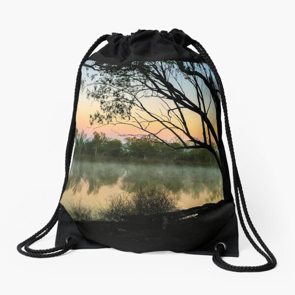 Full moon setting over misty lake Drawstring Bag