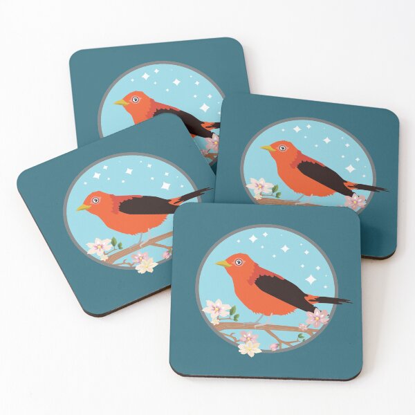 Item preview, Vector Red Bird, Scarlet Tanager With Stars and Flowers designed and sold by felinedreams.